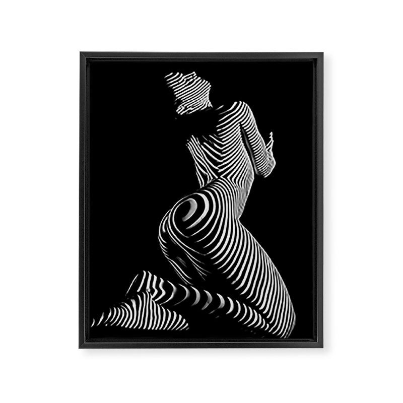 0721s-MM BW Fine Art Nude Tiger Striped Woman on Her Knees Framed Canvas Print Gallery Image 8
