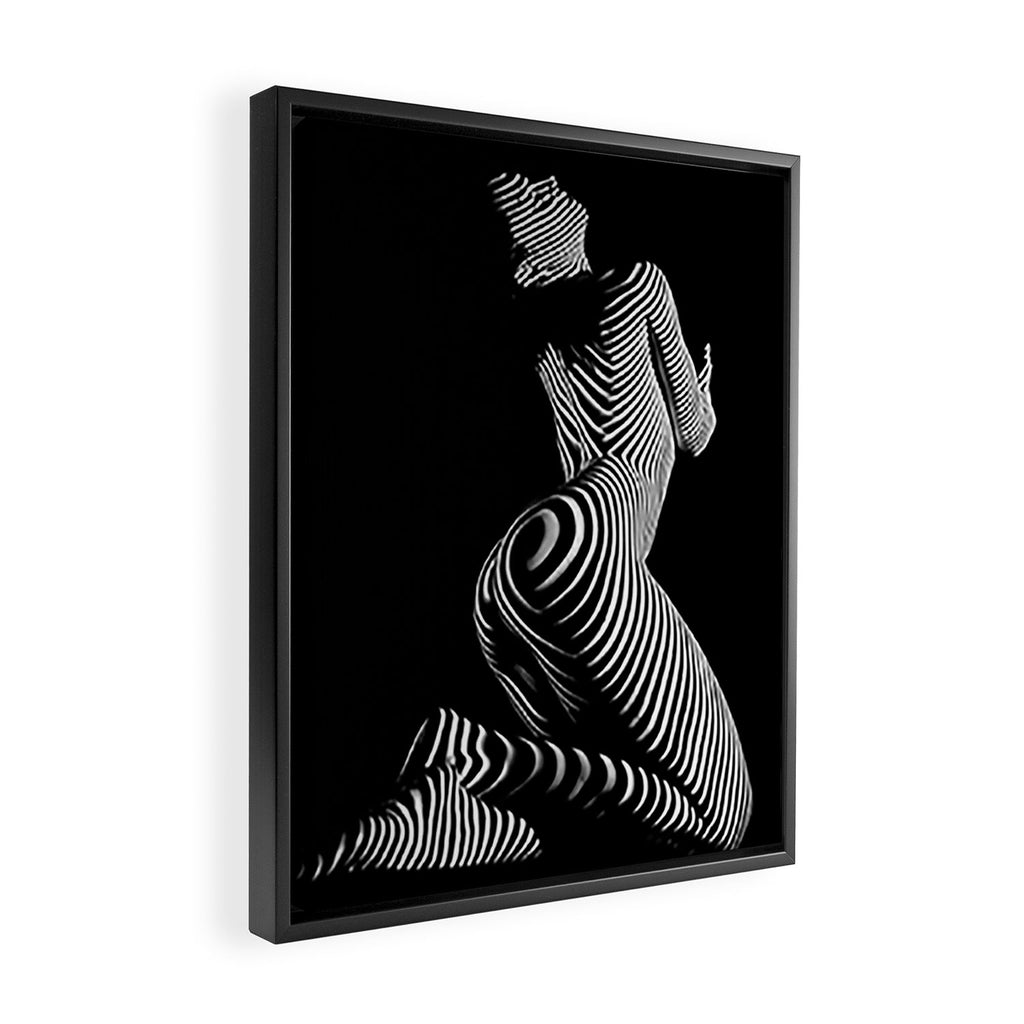 0721s-MM BW Fine Art Nude Tiger Striped Woman on Her Knees Framed Canvas Print Gallery Image 2