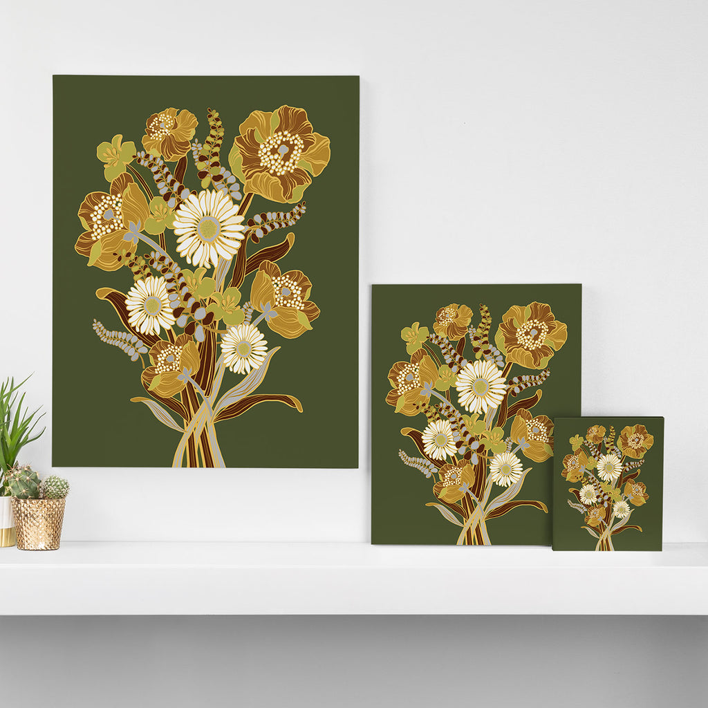 70s, flowers, green, retro, vintage, floral bouquet, olive green Canvas Print Gallery Image 3