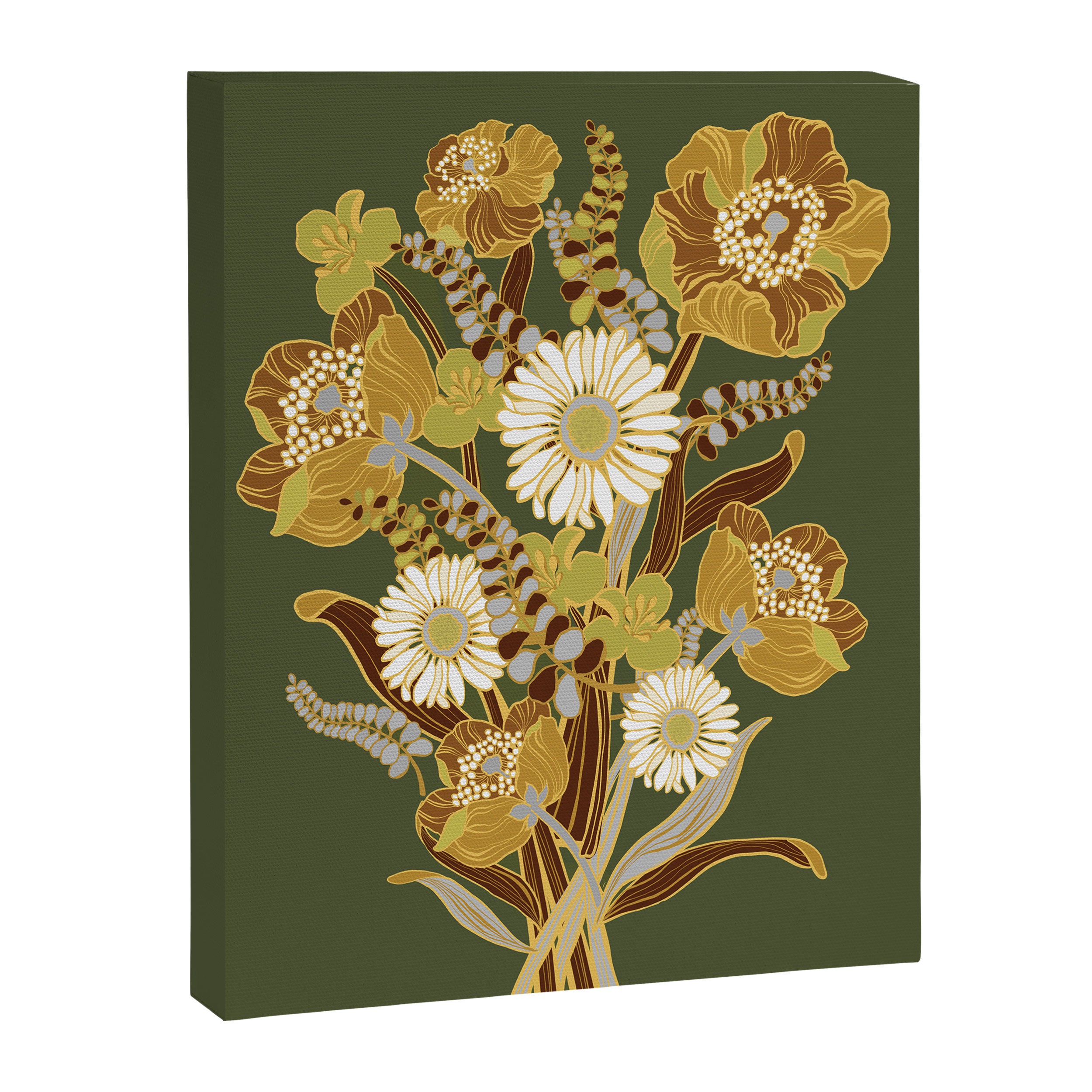 70s, flowers, green, retro, vintage, floral bouquet, olive green Canvas Print Gallery Image 3