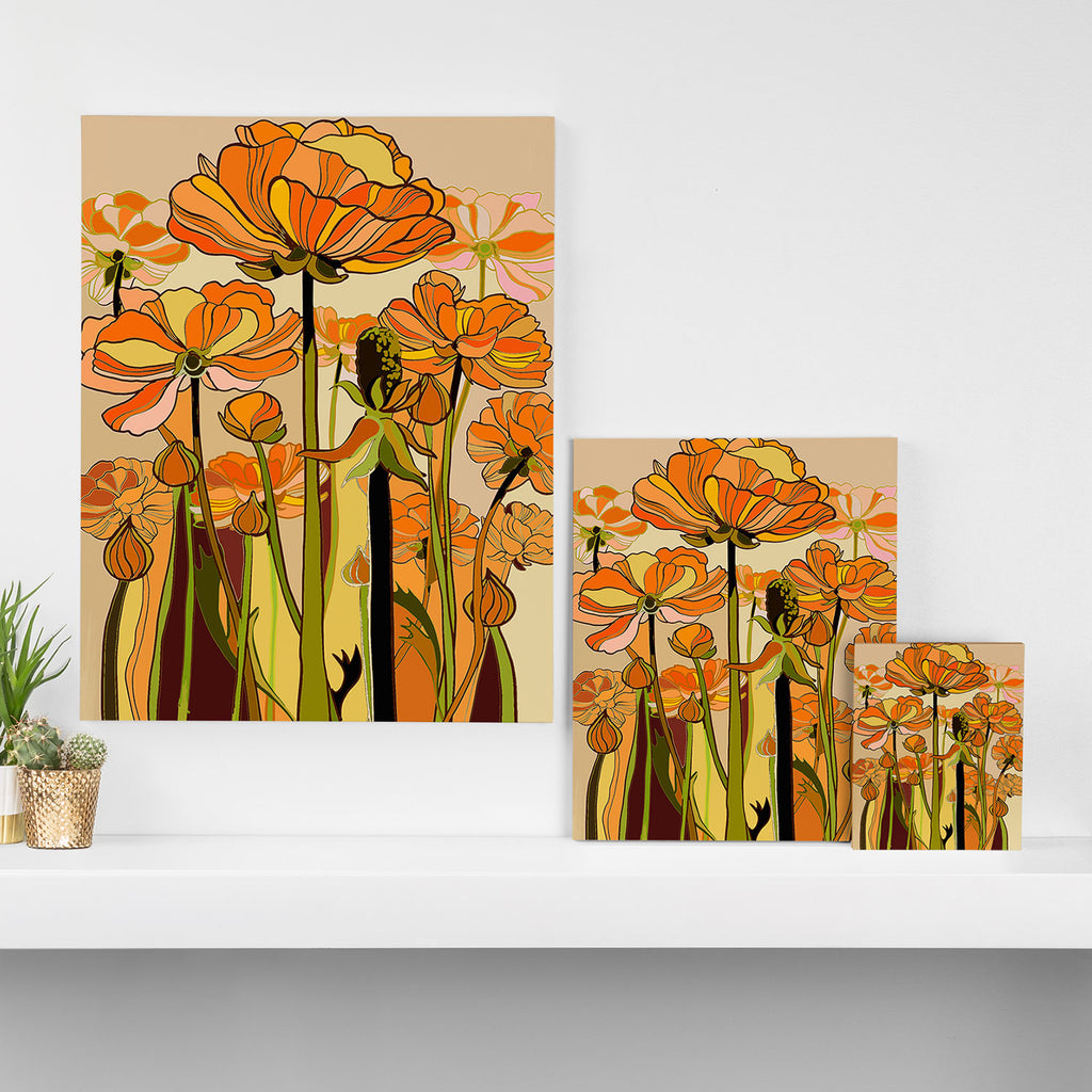 70s, Orange California poppies, mid century, 70s retro, flowers Canvas Print Gallery Image 3