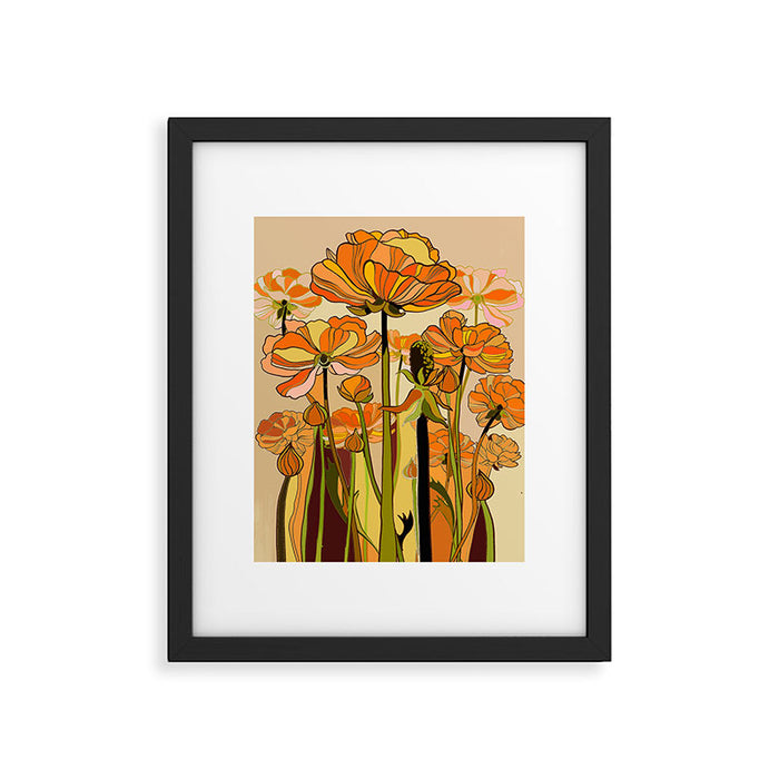 70s, Orange California poppies, mid century, 70s retro, flowers Framed Art Print Gallery Image 1