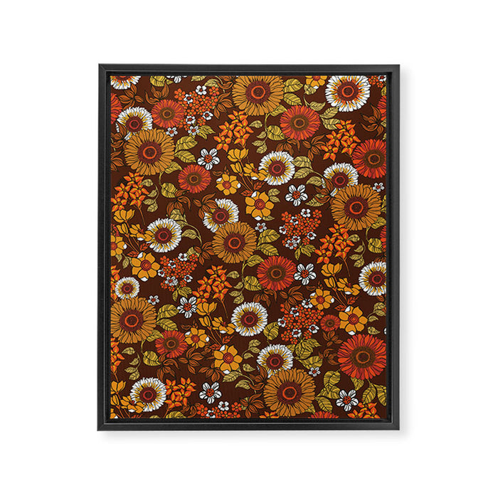 70s retro ditzy flowers, boho, browns, orange, hippie Framed Canvas Print Gallery Image 1