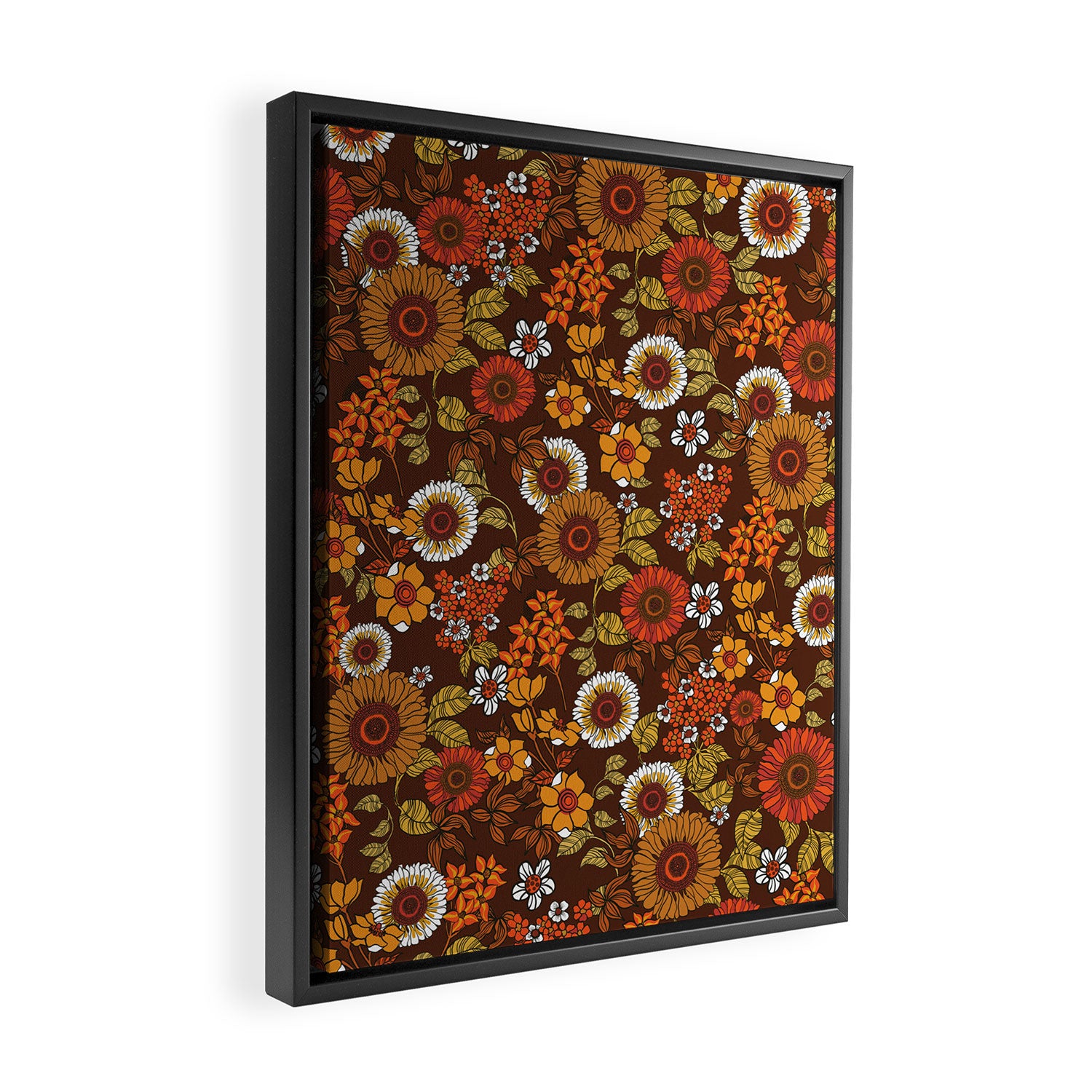 70s retro ditzy flowers, boho, browns, orange, hippie Framed Canvas Print Gallery Image 2