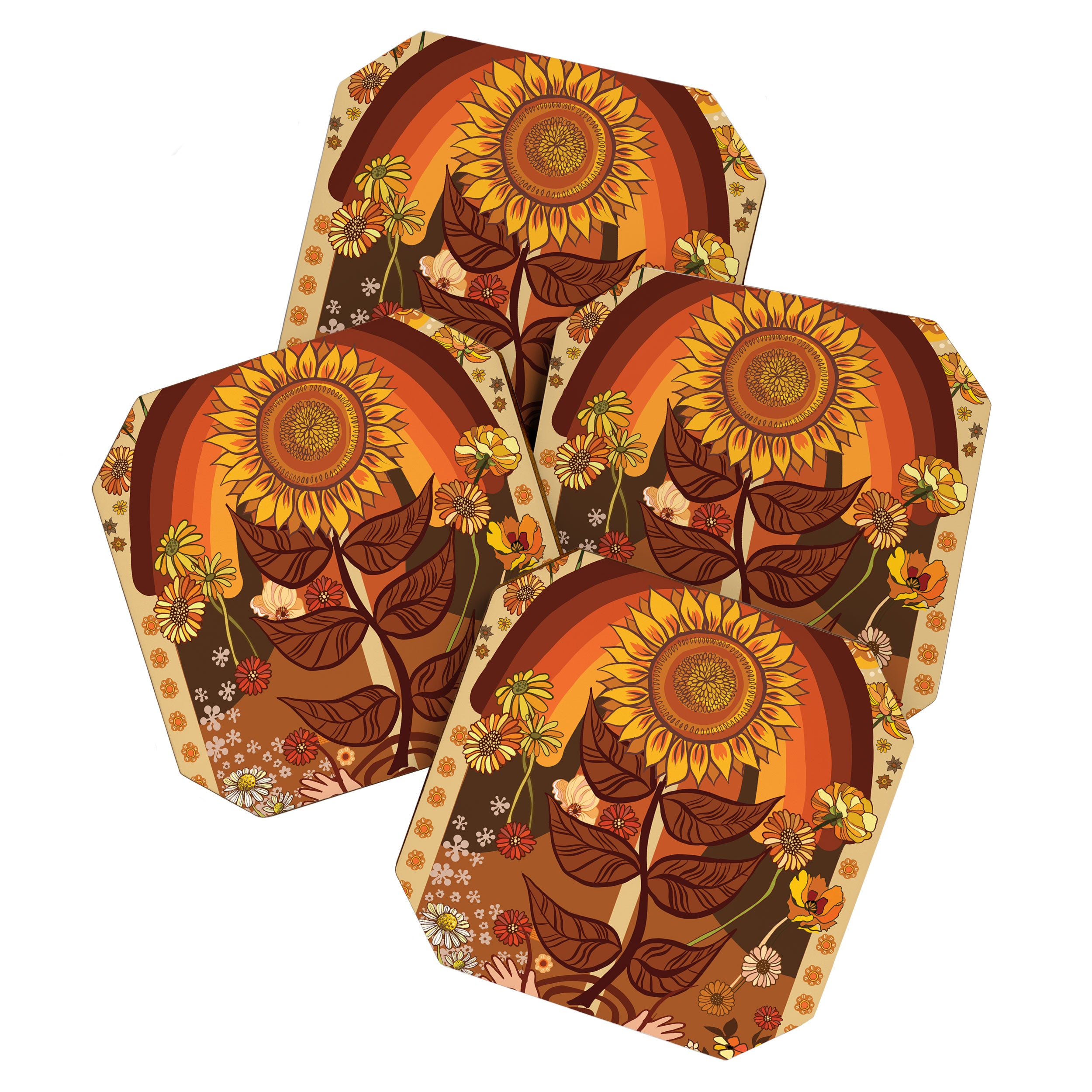 70s, Sunflower, retro, rainbow, warm colors, 60s, boho Coaster Gallery Image 1