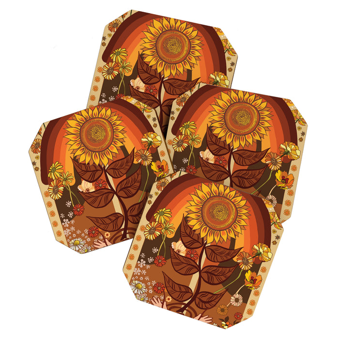 70s, Sunflower, retro, rainbow, warm colors, 60s, boho Coaster Gallery Image 1