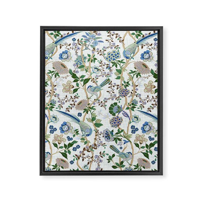 Chinoiserie birds peacock flowers leaves, romantic, vintage, retro, cozy heirloom Framed Canvas Print Gallery Image 1