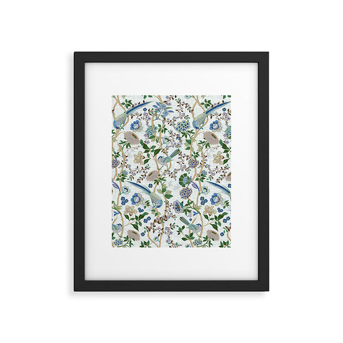 Chinoiserie birds peacock flowers leaves, romantic, vintage, retro, cozy heirloom Framed Art Print Gallery Image 1