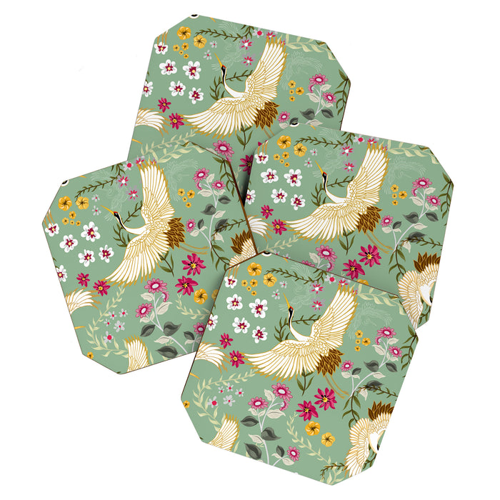 Chinoiserie Cranes on green birds vintage Coaster Gallery Image 1
