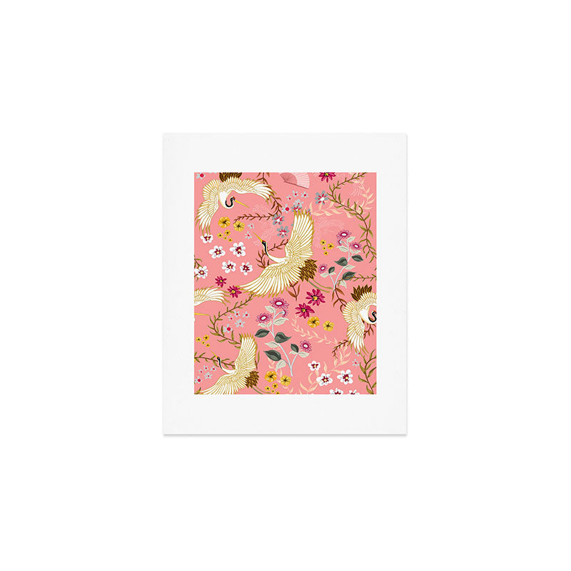 Chinoiserie cranes on pink, birds, flowers,  Art Print Gallery Image 1