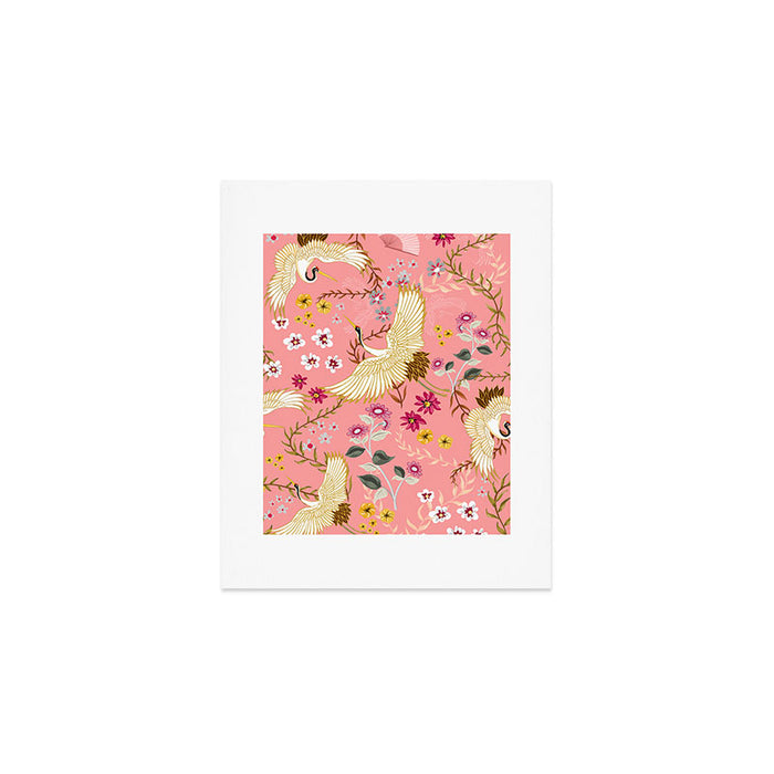 Chinoiserie cranes on pink, birds, flowers,  Art Print Gallery Image 1