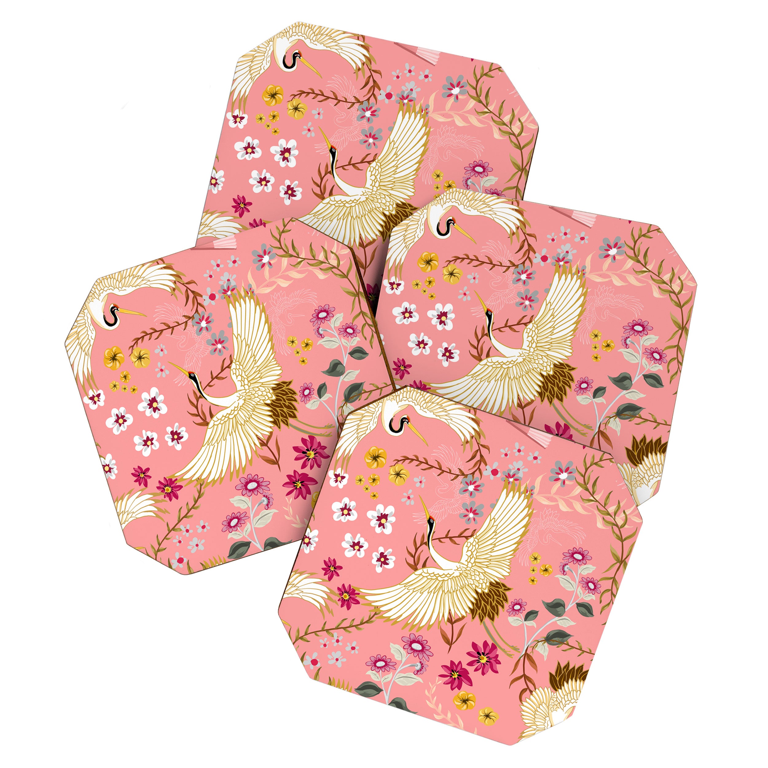 Chinoiserie cranes on pink, birds, flowers,  Coaster Gallery Image 1