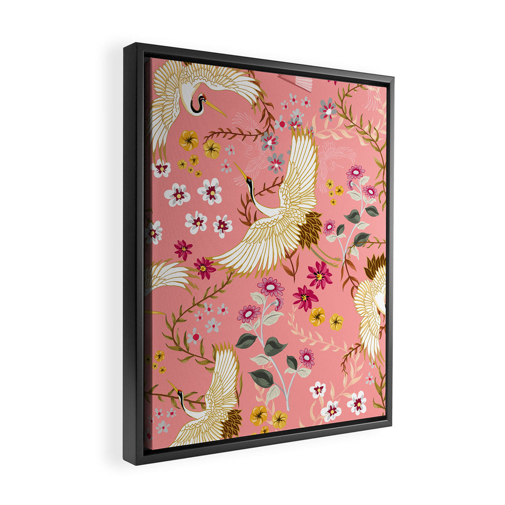 Chinoiserie cranes on pink, birds, flowers,  Framed Canvas Print Gallery Image 2