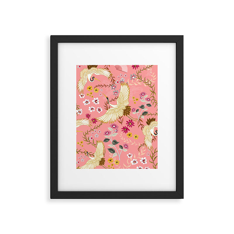Chinoiserie cranes on pink, birds, flowers,  Framed Art Print Gallery Image 4