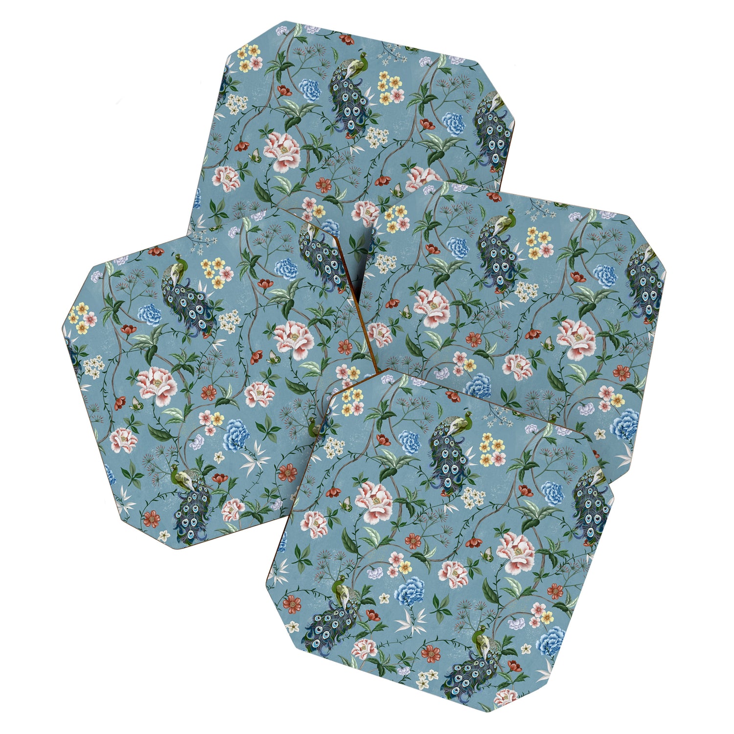 Chinoiserie Peacock teal greens florals oriental Coaster Gallery Image 1
