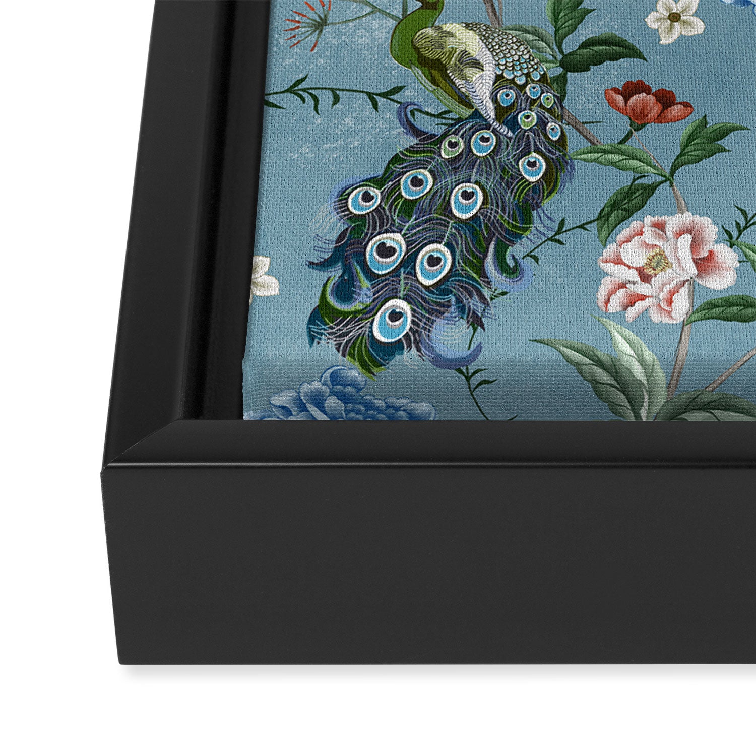 Chinoiserie Peacock teal greens florals oriental Framed Canvas Print Gallery Image 3