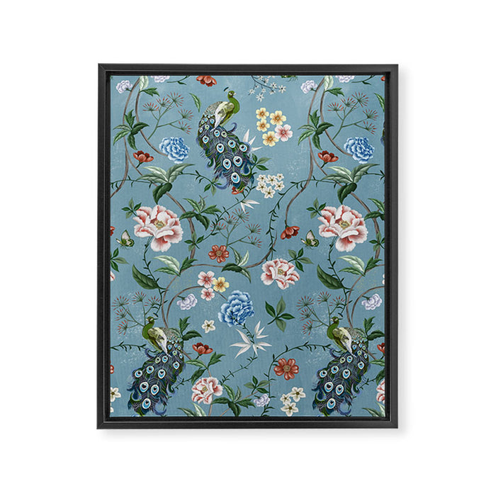 Chinoiserie Peacock teal greens florals oriental Framed Canvas Print Gallery Image 1