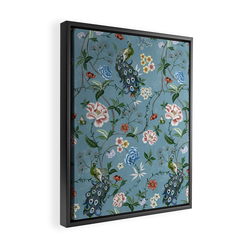 Chinoiserie Peacock teal greens florals oriental Framed Canvas Print Gallery Image 2