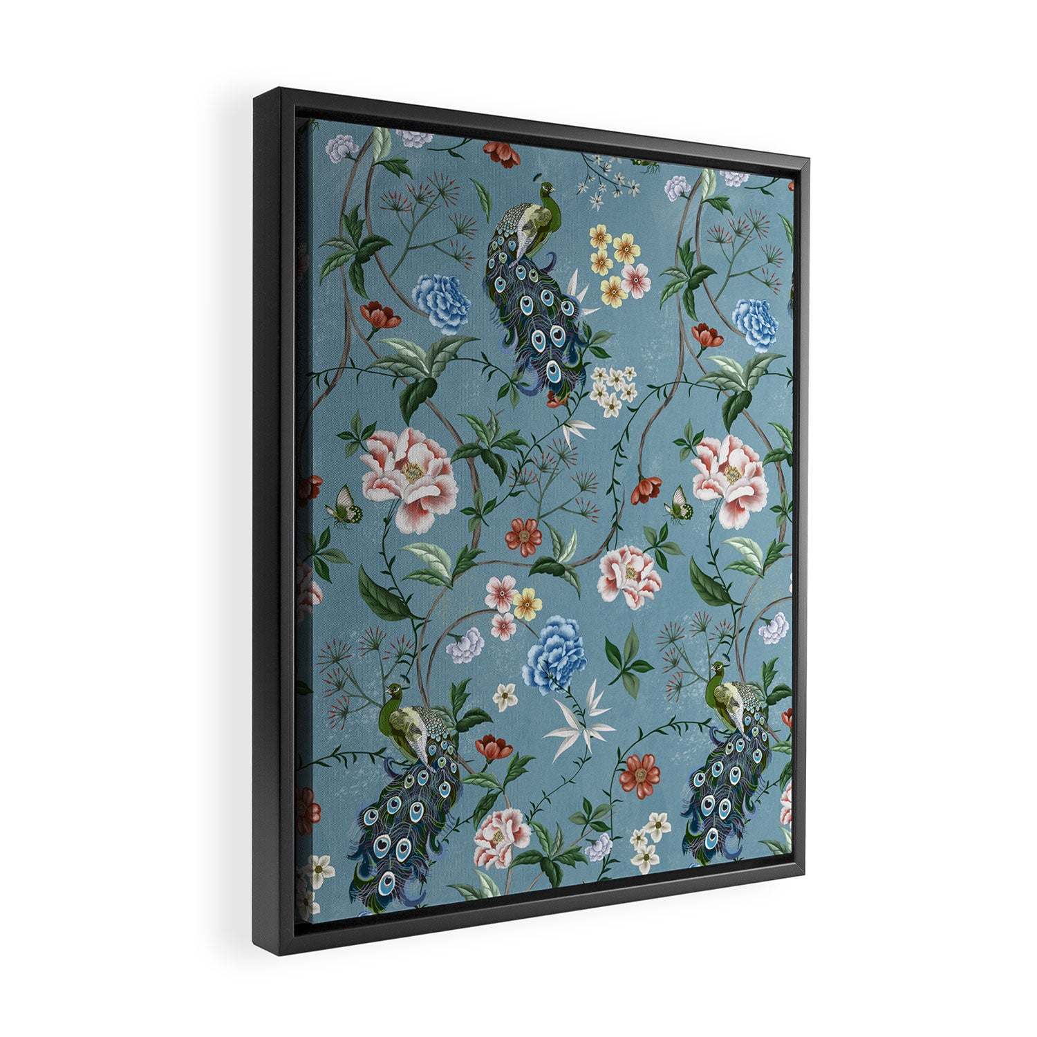 Chinoiserie Peacock teal greens florals oriental Framed Canvas Print Gallery Image 2