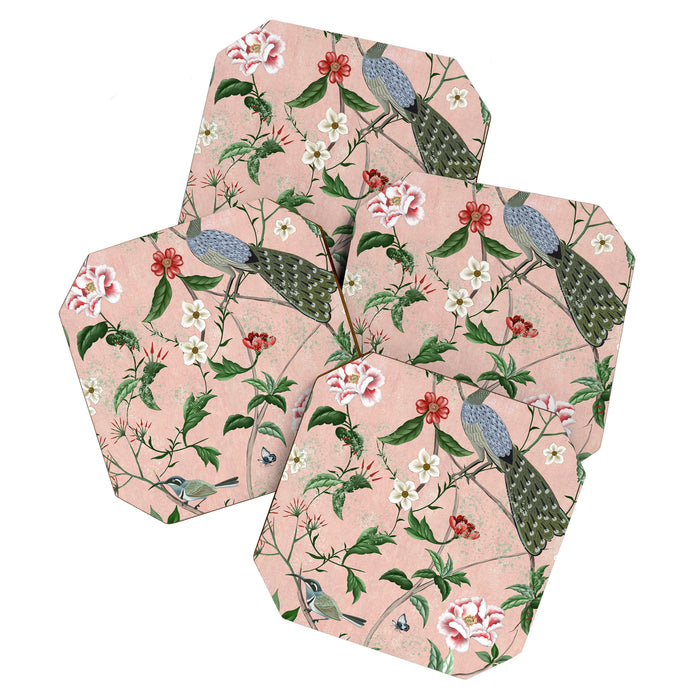 Chinoiserie Vintage Pink Peacocks flowers Grandmillennial Coaster Gallery Image 1