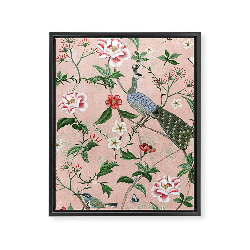 Chinoiserie Vintage Pink Peacocks flowers Grandmillennial Framed Canvas Print Gallery Image 6