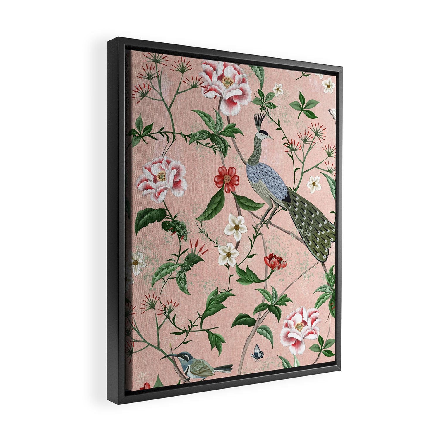 Chinoiserie Vintage Pink Peacocks flowers Grandmillennial Framed Canvas Print Gallery Image 2