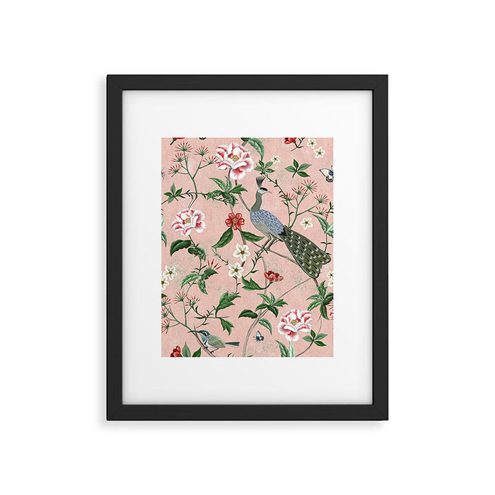 Chinoiserie Vintage Pink Peacocks flowers Grandmillennial Framed Art Print Gallery Image 1
