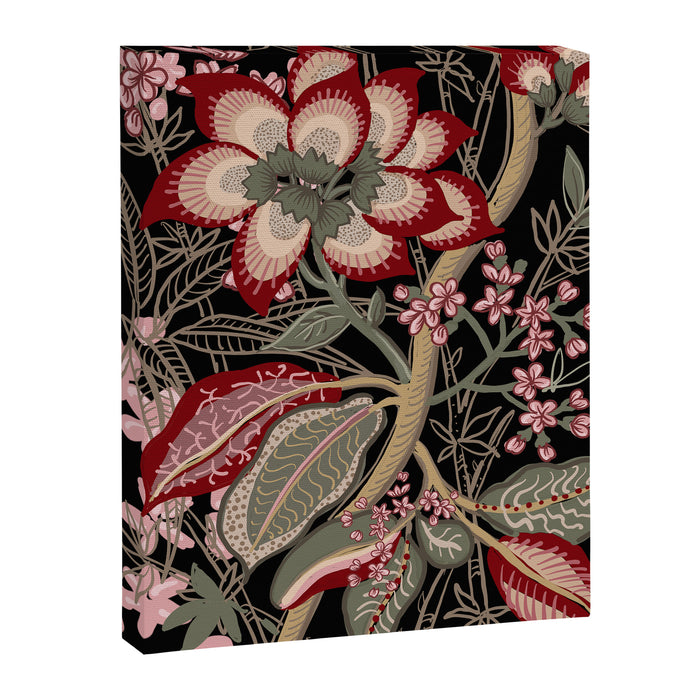 Oriental exotic chintz bamboo red flowers on black Canvas Print Gallery Image 1