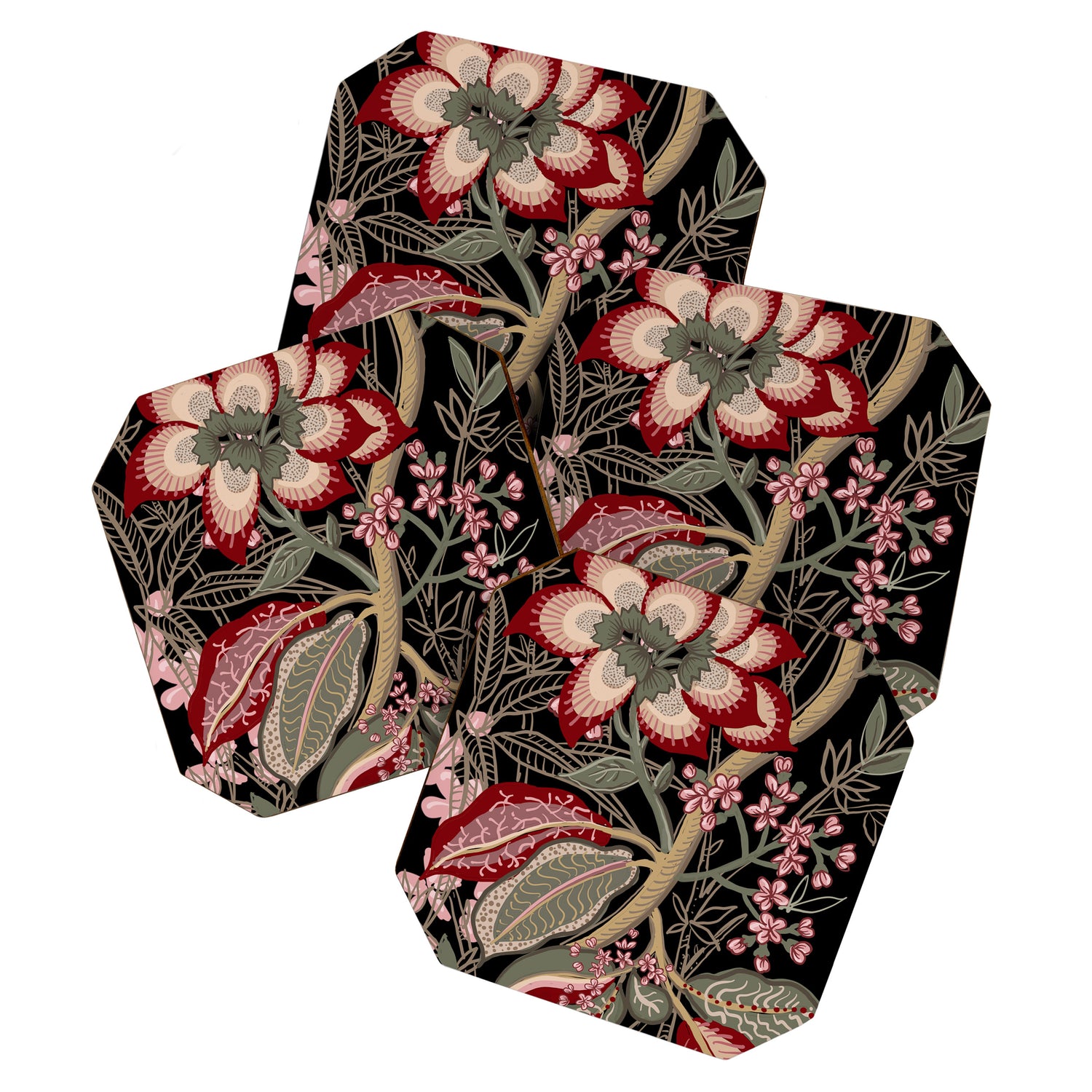 Oriental exotic chintz bamboo red flowers on black Coaster Gallery Image 1