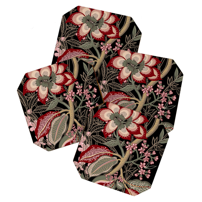 Oriental exotic chintz bamboo red flowers on black Coaster Gallery Image 1