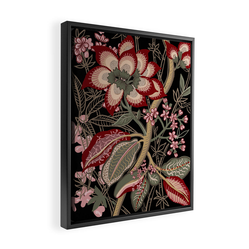 Oriental exotic chintz bamboo red flowers on black Framed Canvas Print Gallery Image 2