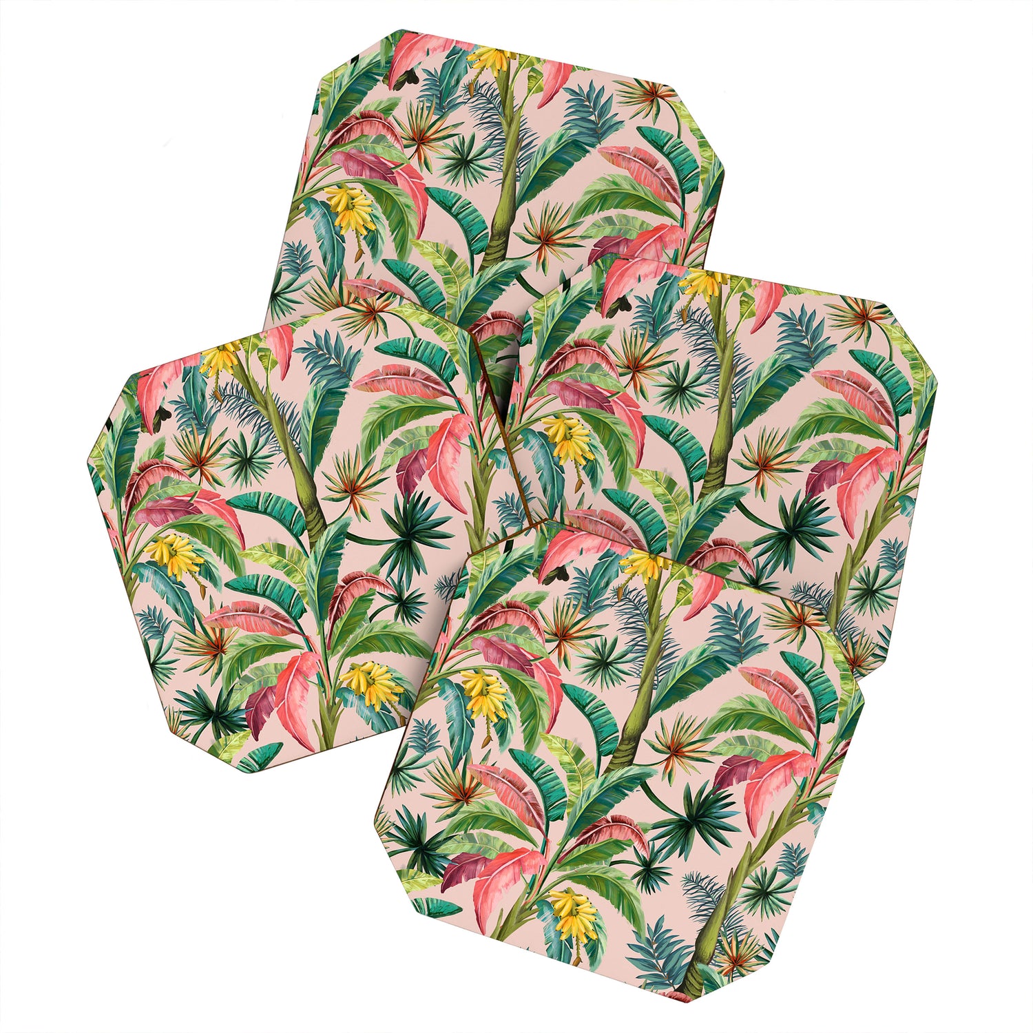 Palm Life, tropical palm leaves, banana palm, Hollywood Regency, green, pinks Coaster Gallery Image 1
