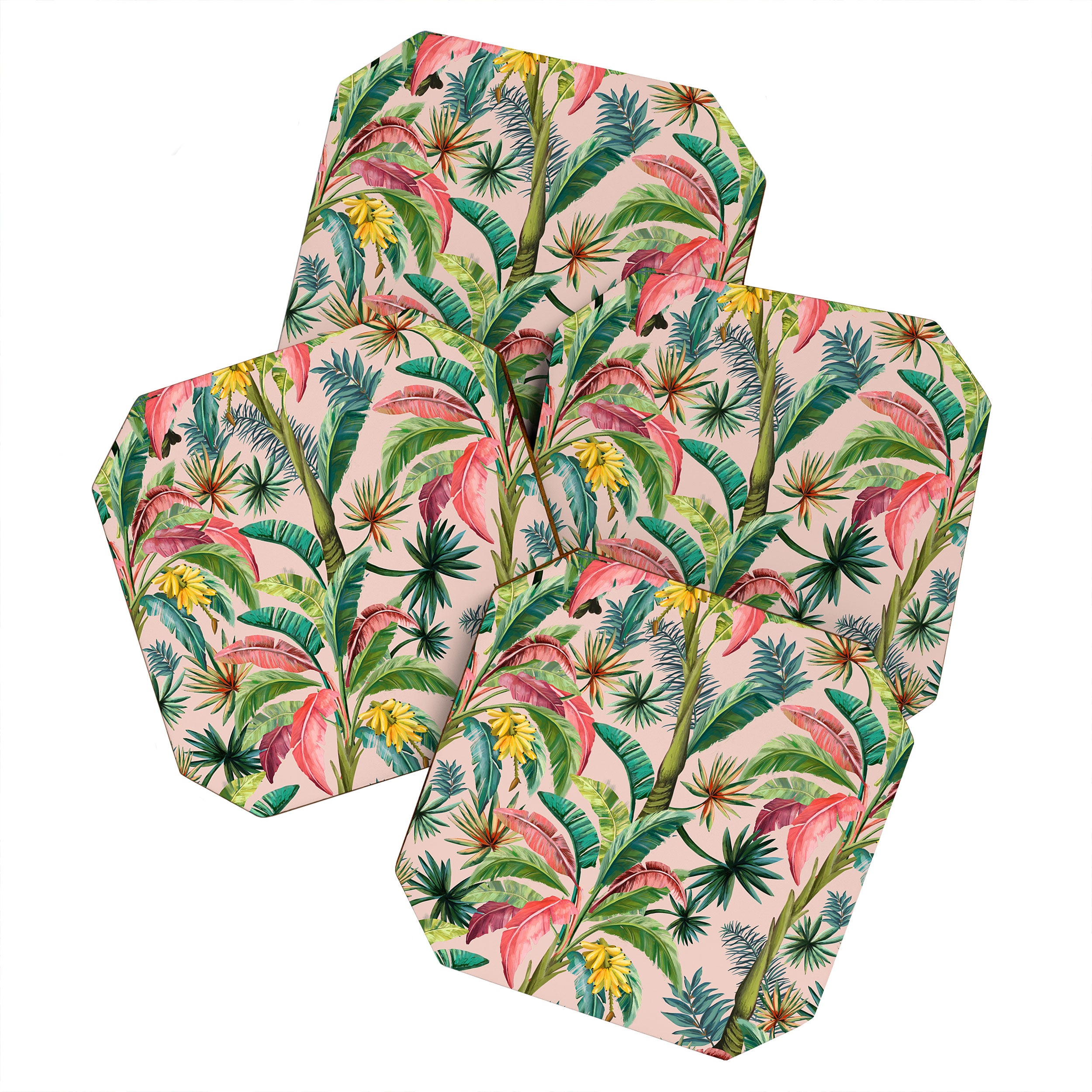 Palm Life, tropical palm leaves, banana palm, Hollywood Regency, green, pinks Coaster Gallery Image 1