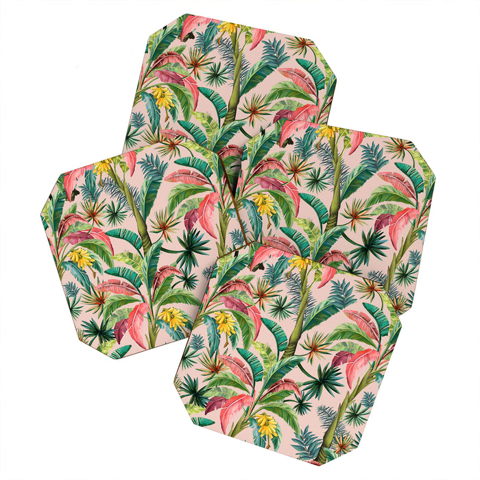 Palm Life, tropical palm leaves, banana palm, Hollywood Regency, green, pinks Coaster Gallery Image 1