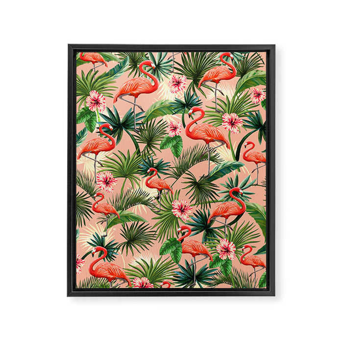 Pink flamingoes, tropical palm leaves, retro, Hollywood style,  Framed Canvas Print Gallery Image 1