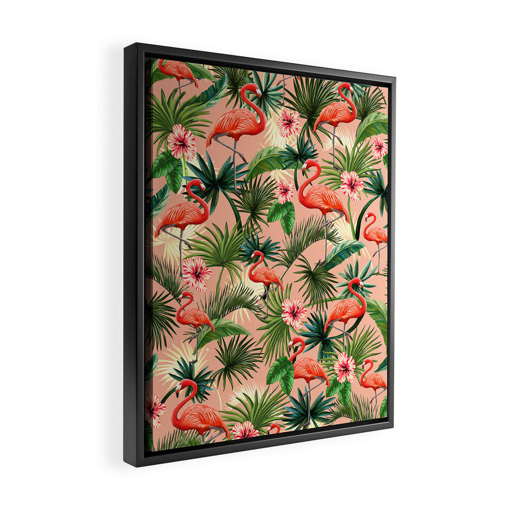 Pink flamingoes, tropical palm leaves, retro, Hollywood style,  Framed Canvas Print Gallery Image 2