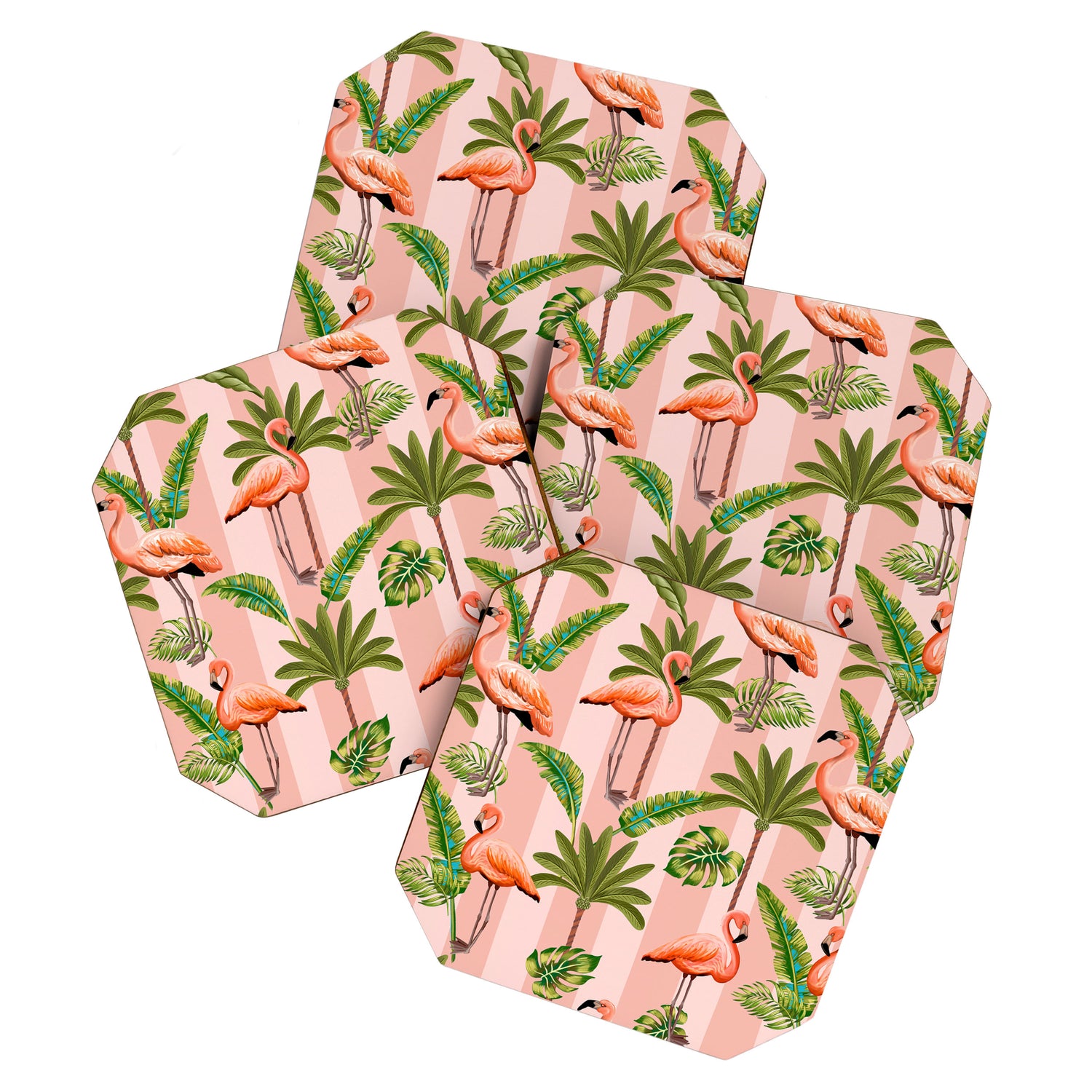 Pink Flamingos on blush pink stripes tropical midcentury Coaster Gallery Image 1