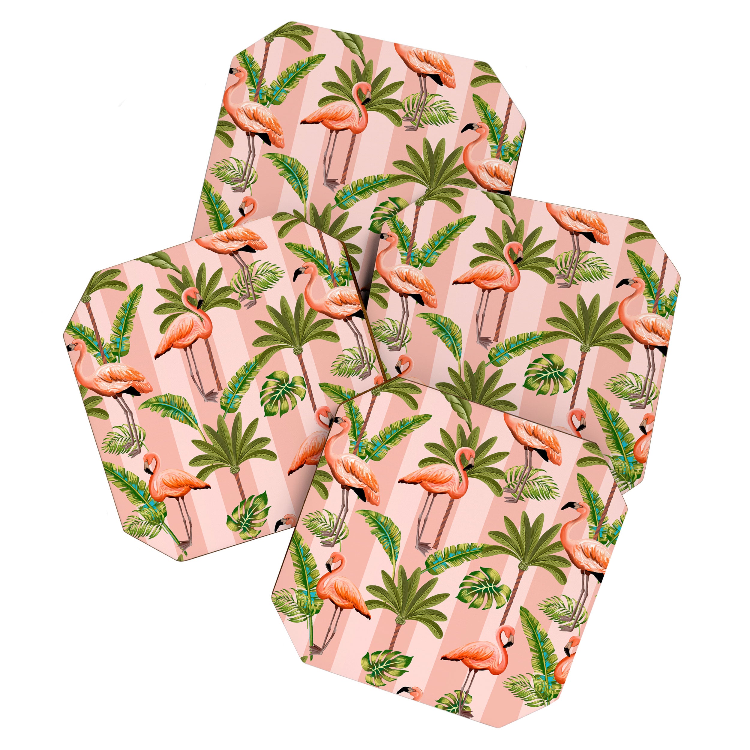 Pink Flamingos on blush pink stripes tropical midcentury Coaster Gallery Image 1