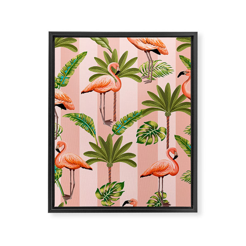 Pink Flamingos on blush pink stripes tropical midcentury Framed Canvas Print Gallery Image 8