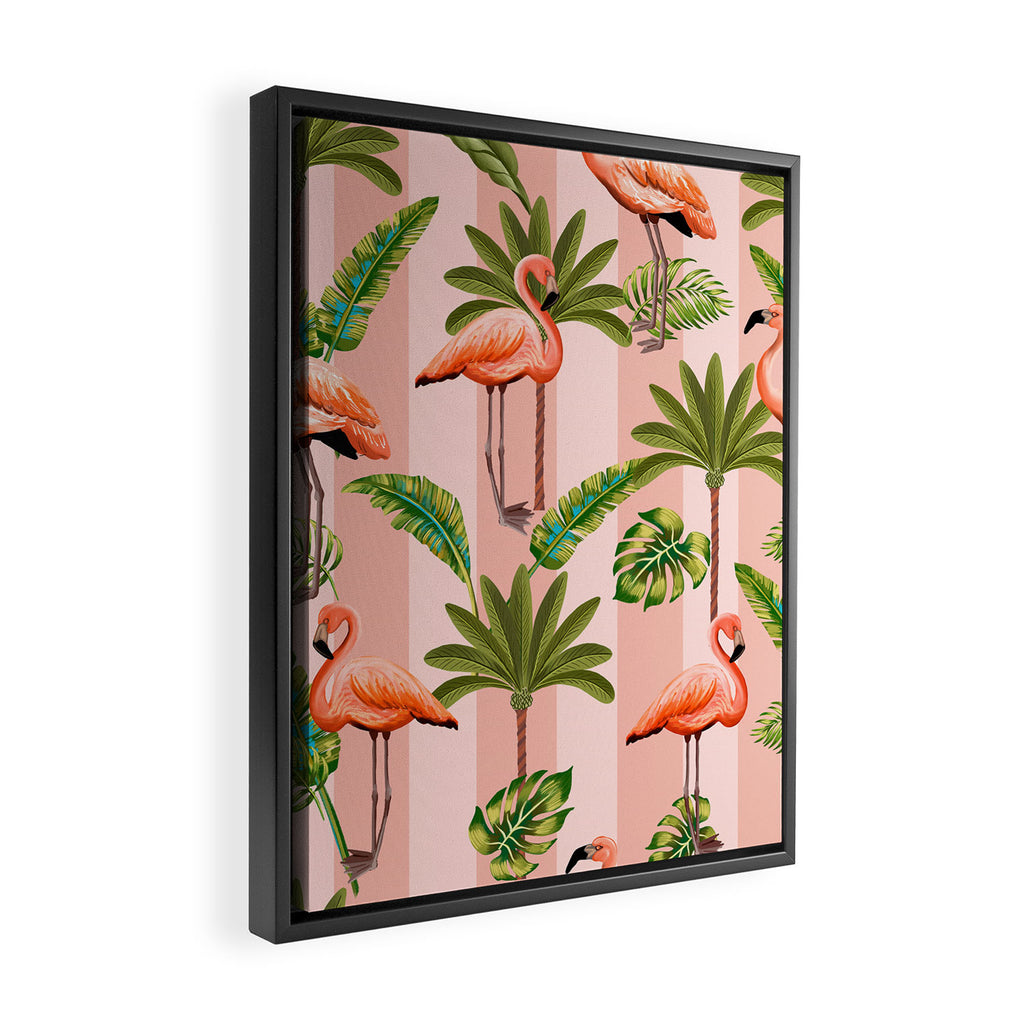 Pink Flamingos on blush pink stripes tropical midcentury Framed Canvas Print Gallery Image 2