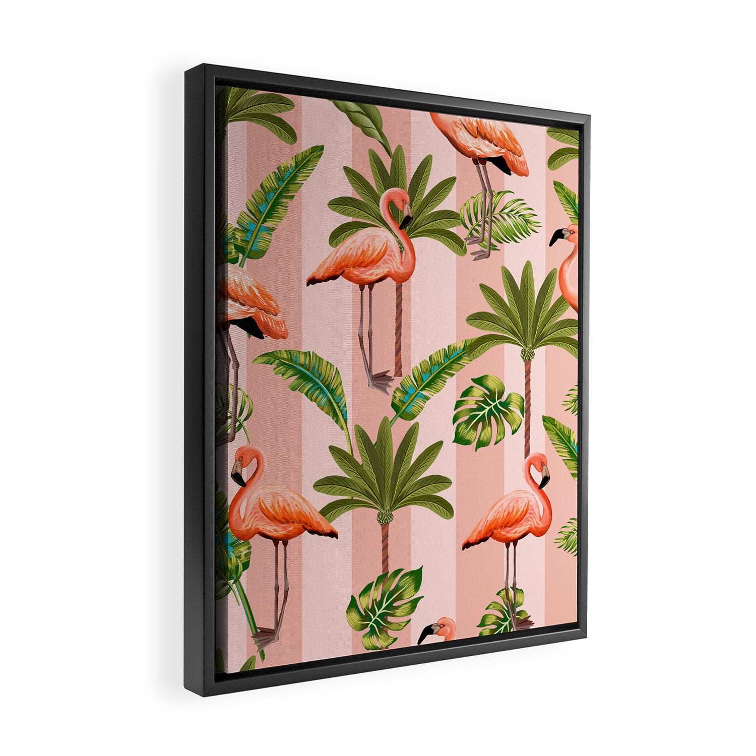 Pink Flamingos on blush pink stripes tropical midcentury Framed Canvas Print Gallery Image 2