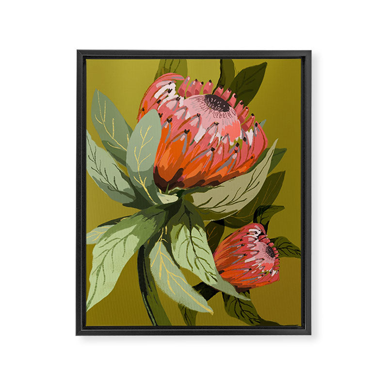 Protea, Australian native, flower, abstract, olive green, bright colors Framed Canvas Print Gallery Image 6