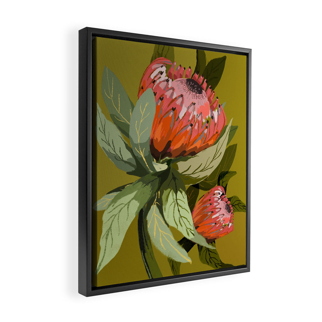 Protea, Australian native, flower, abstract, olive green, bright colors Framed Canvas Print Gallery Image 2