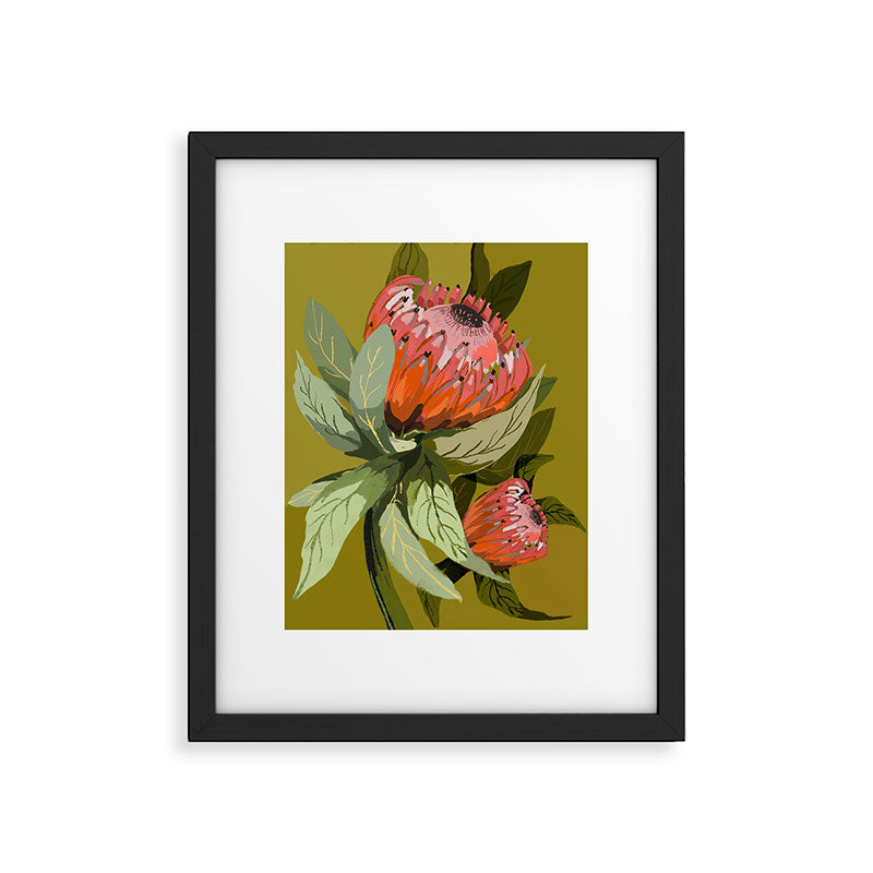 Protea, Australian native, flower, abstract, olive green, bright colors Framed Art Print Gallery Image 4