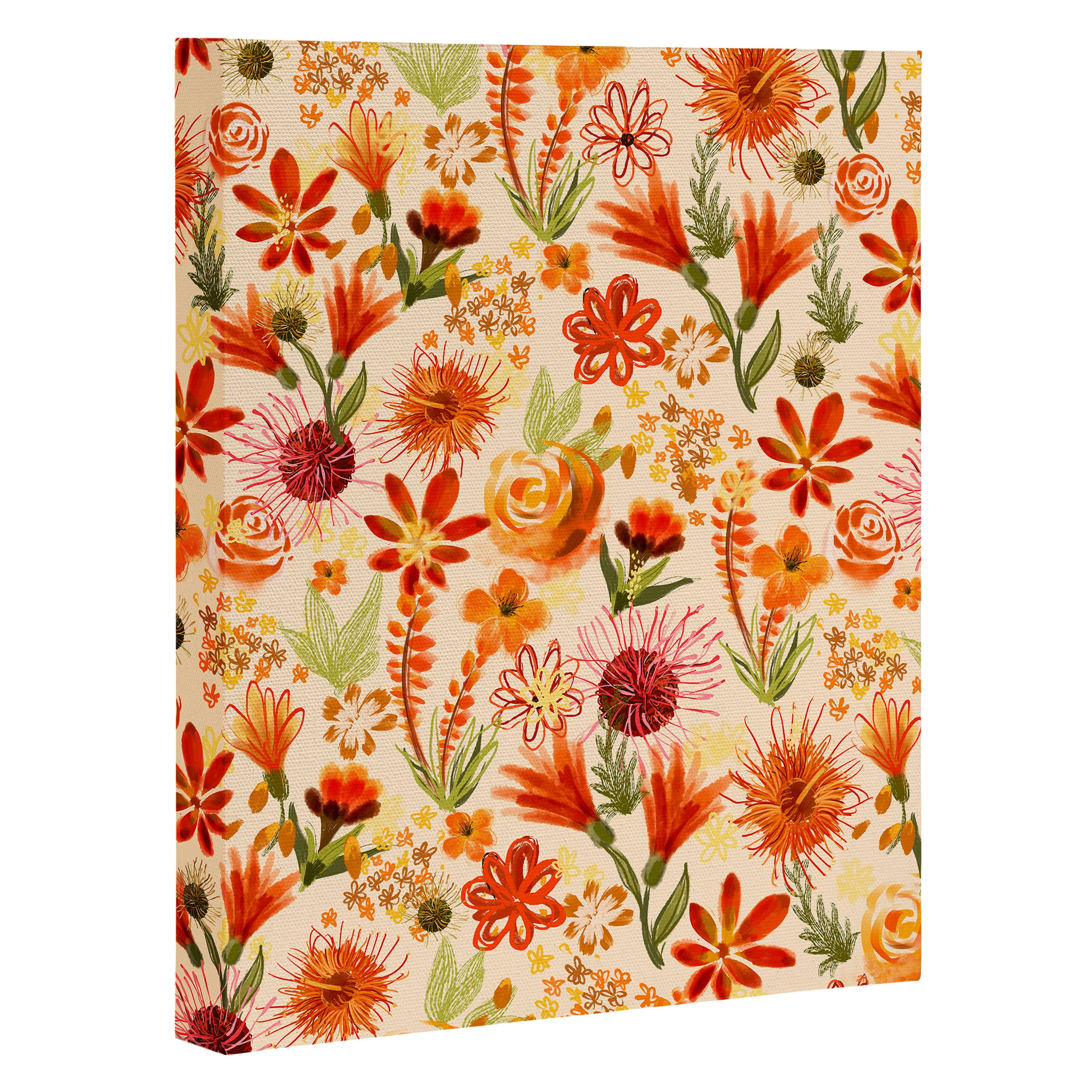 Watercolor flowers, orange, red, boho, pretty, bright colours Canvas Print Gallery Image 3