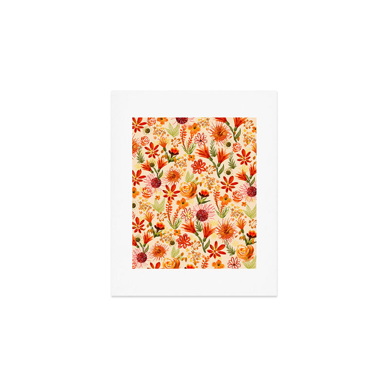 Watercolor flowers, orange, red, boho, pretty, bright colours Art Print Gallery Image 1