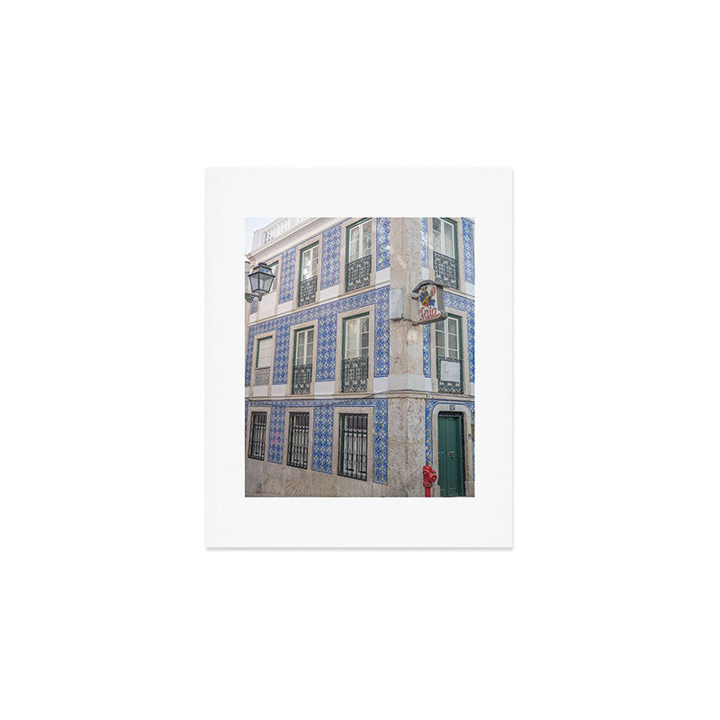 Blue azulejos on a corner building in Alfama, Lisbon, Portugal - street and travel photography Art Print Gallery Image 1