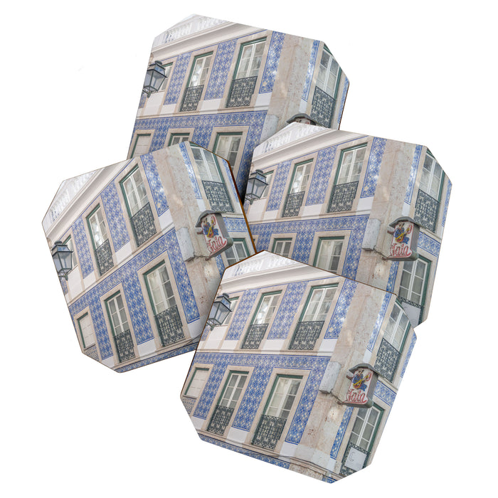 Blue azulejos on a corner building in Alfama, Lisbon, Portugal - street and travel photography Coaster Gallery Image 1