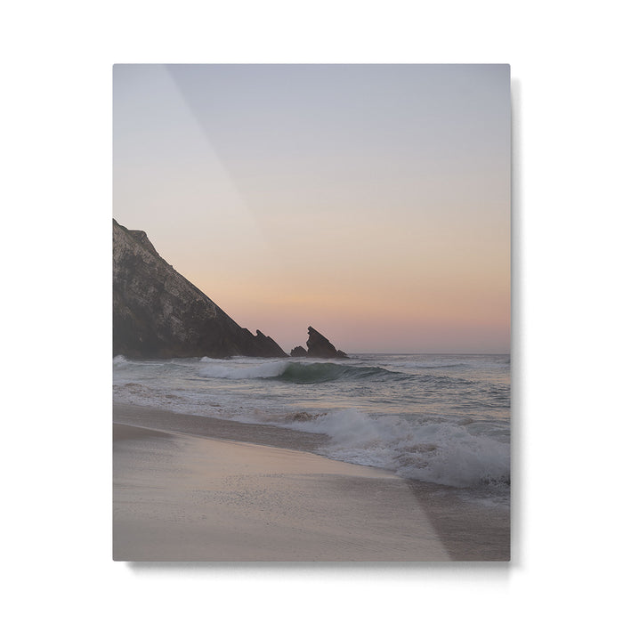 Pastel orange sunrise at Praia da Adraga in Portugal - summer coastal travel photography Metal Print Gallery Image 1