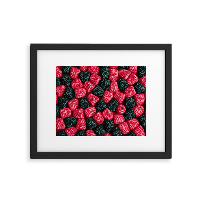 Raspberry and blackberry gummies - black and red candy - food photography Framed Art Print Gallery Image 1